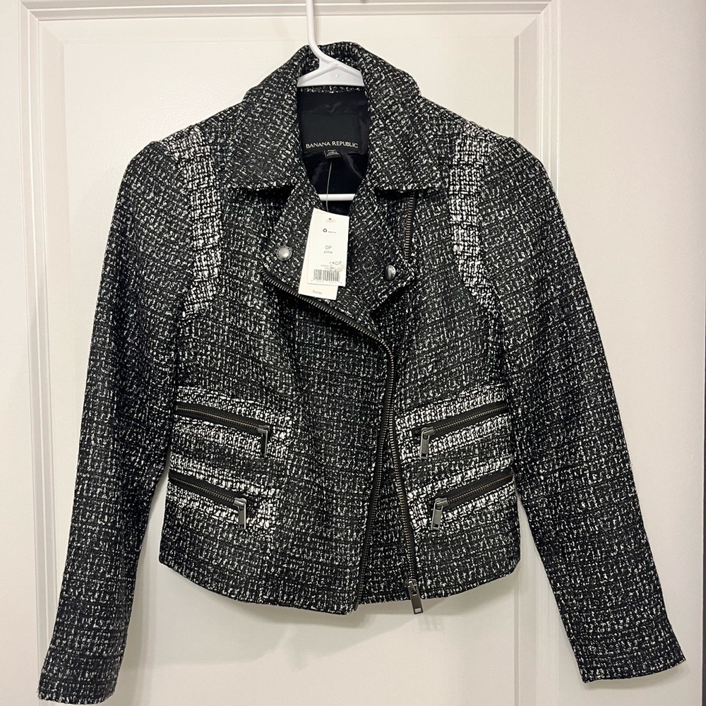 Banana Republic Black and White Tweed Moto-Style Blazer
